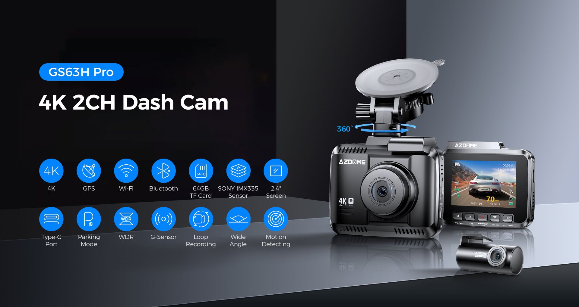 AZDome GS63H Pro True 4K 2CH Wifi GPS 64gb dashcam