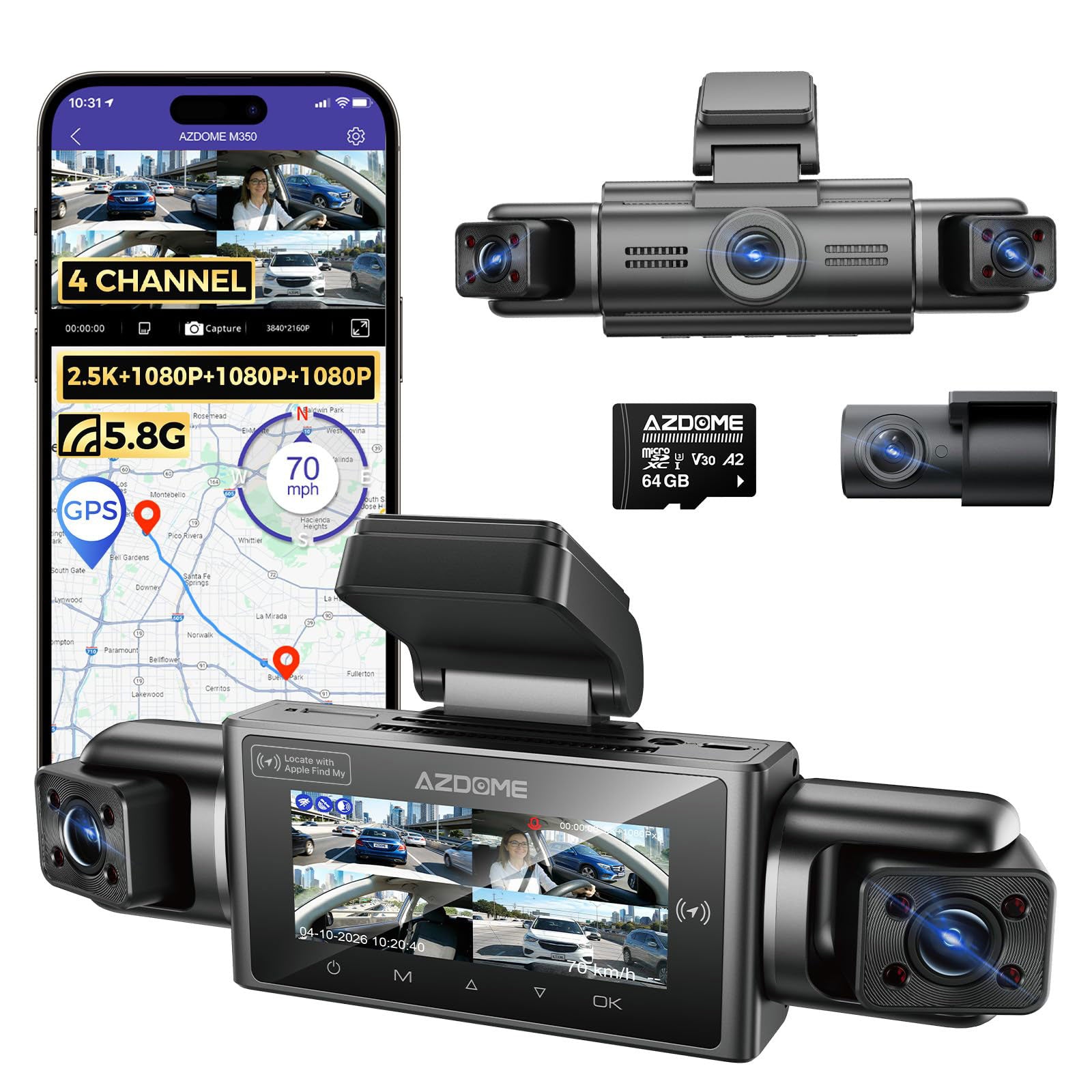 <tc>Dashcam AZDome M350 4CH 2K con wifi, GPS, 64 GB y visión de 360 grados</tc>