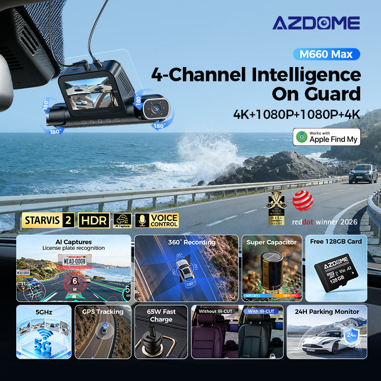 AZDome M660 Max 4CH 128gb 4K Wifi GPS 360 graden dashcam