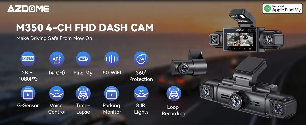 <tc>Dashcam AZDome M350 4CH 2K con wifi, GPS, 64 GB y visión de 360 grados</tc>