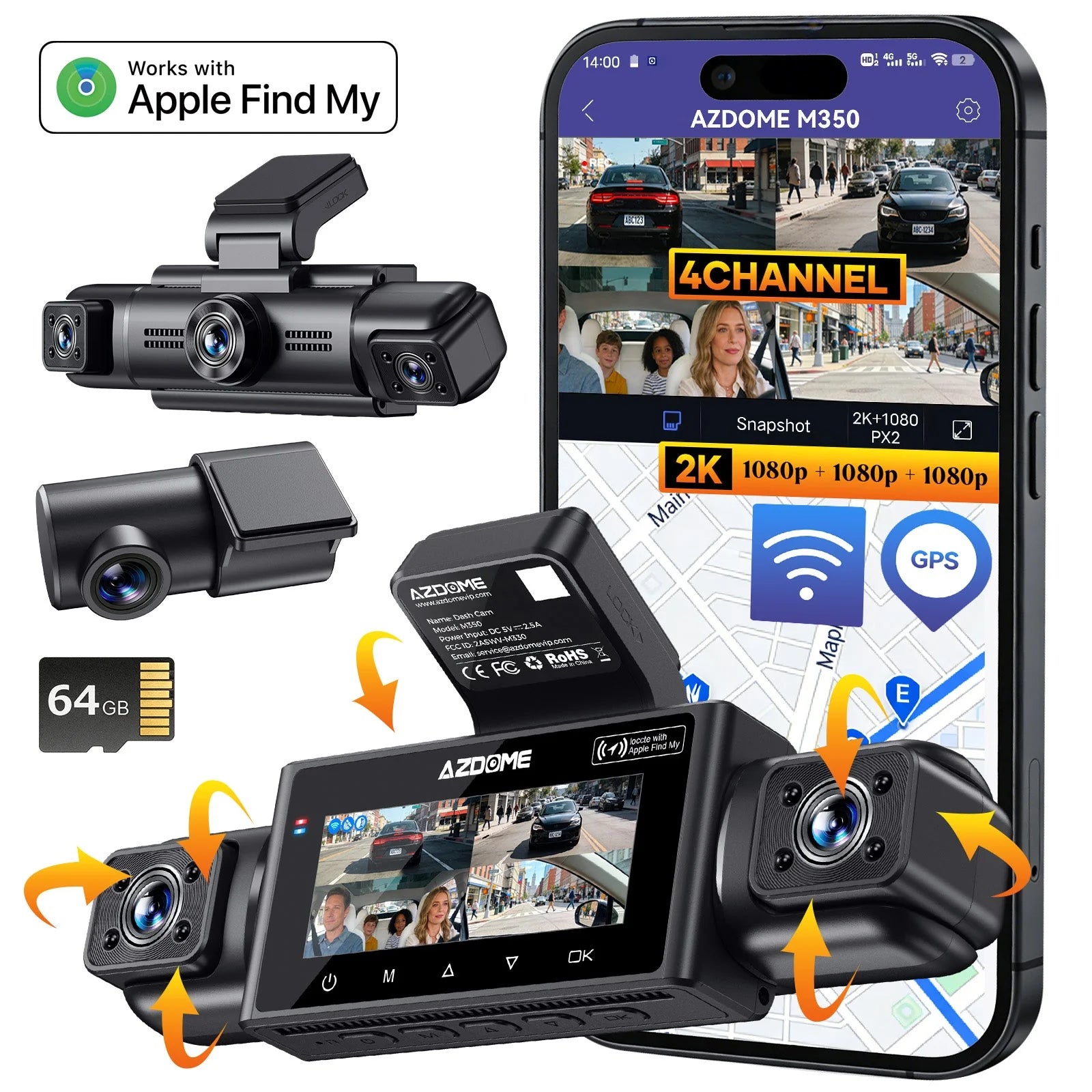 <tc>Dashcam AZDome M350 4CH 2K con wifi, GPS, 64 GB y visión de 360 grados</tc>
